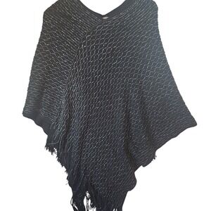 Laura Black Metallic Silver Knit Fringed Poncho Wrap V-Neck One Size
